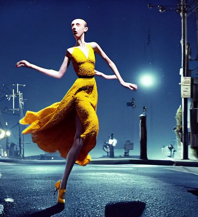Prompt: la la land unseen film scene of gaz station by night starring seductive actress doing steps dancing and dressed by an organic looking dress from designer * iris van herpen *, with stylish colorfull makeup. intriguing soft back lighting, highly detailed, skin grain detail, photography by paolo roversi, nick knight