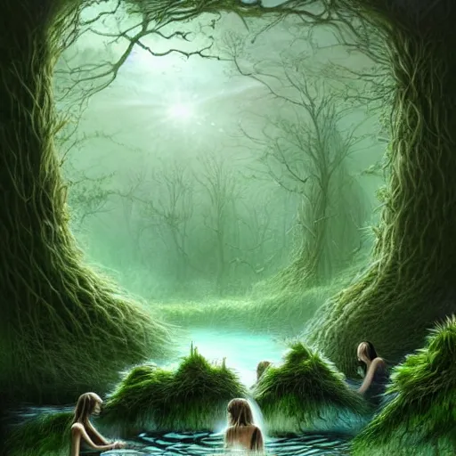 Prompt: beautiful digital fantasy illustration of A woody green field with a stream running through it, with a group of dryad women standing in the water. They seem to be preparing to submerge themselves in the cool, clear waters of the stream. a creepy creature standing in front of a mirror!, concept art by Alex Horley-Orlandelli!!, cgsociety, fantasy art, highly detailed, soft lighting, rendered in octane, masterpiece, very very very aesthetic