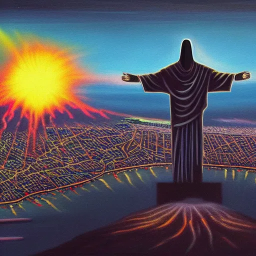 Prompt: detailed painting of christ the redeemer statue as a cyborg, in front of a nuclear explosion, cyberpunk, retro-futurist, dark