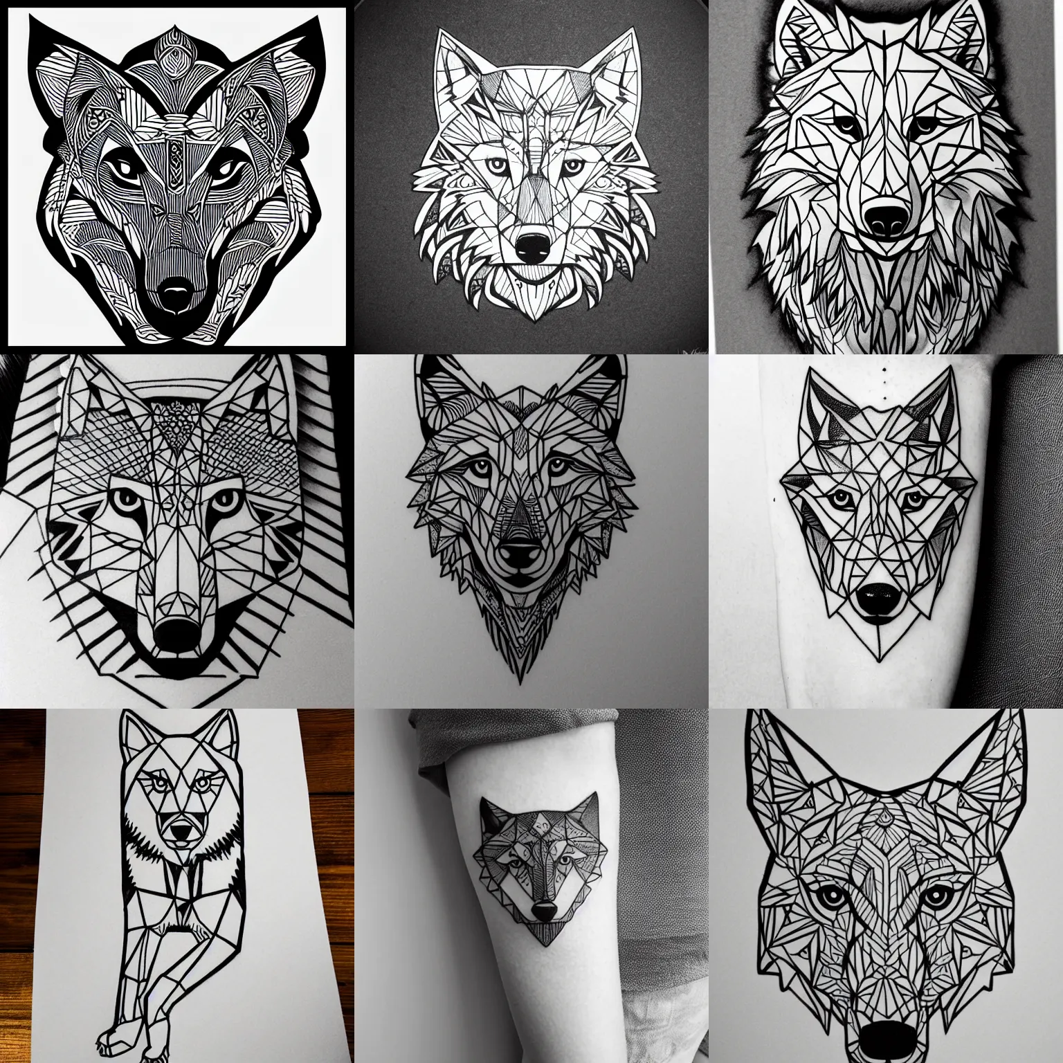 Prompt: wolf cub tattoo geometric line art