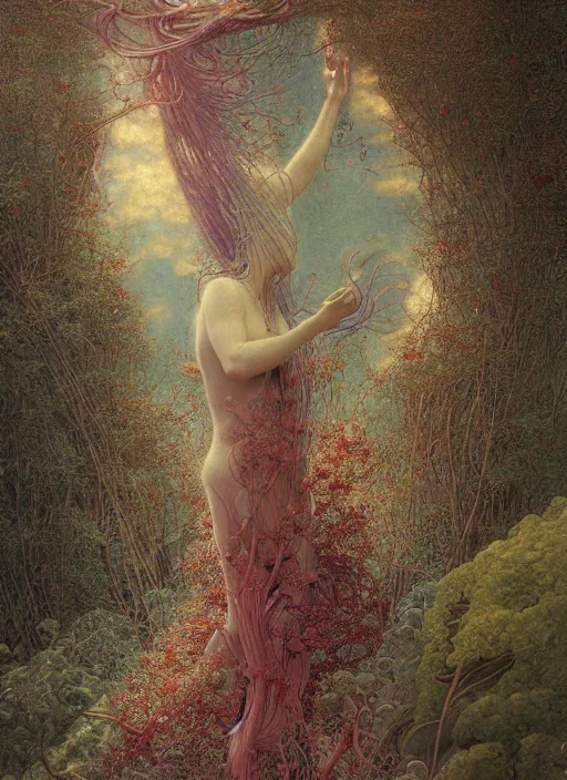 Prompt: a beautiful woman mutating in to flower covered with thin tendrils and moss, by jean delville, by edmund dulac, by jean giraud, by ellen jewett, landscape photography composition, vivid colors, octane render, redshift render