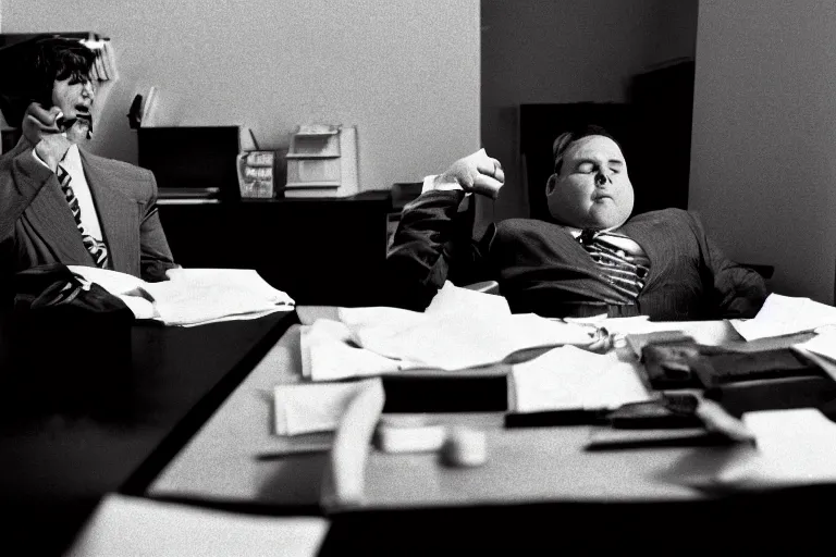 Prompt: cinematic film still from 1994 film: portly clean-shaven white man wearing suit and necktie at his desk, holding his left up in the air, XF IQ4, f/1.4, ISO 200, 1/160s, 8K, RAW, dramatic lighting, symmetrical balance, in-frame