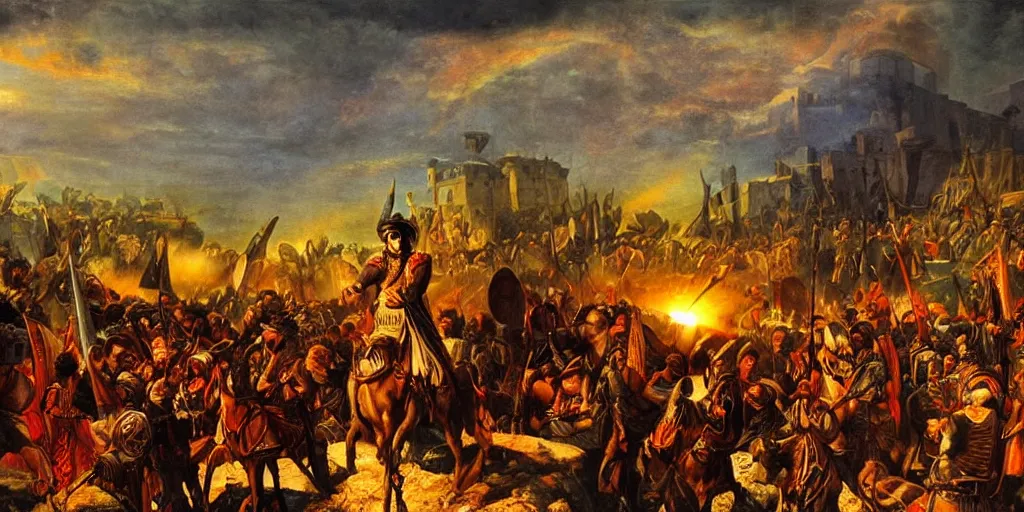 Prompt: Mehmed the 2nd entering Conatantinople with his army, sunset, light rays, cinematic, oil painting