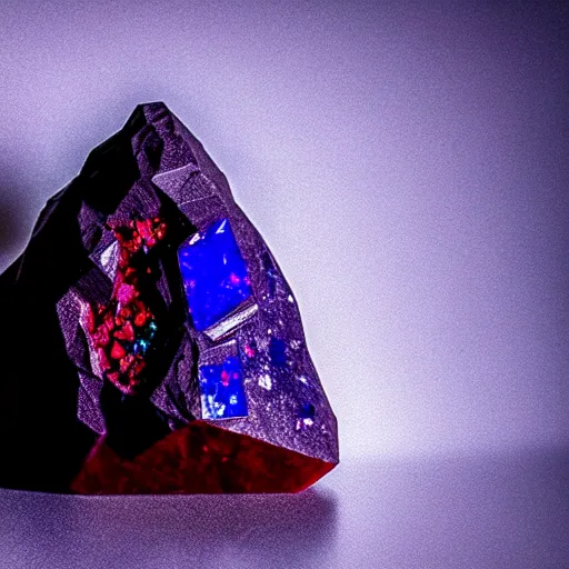 Prompt: a mineral rock, in a dark studio room. Photography of rare minerals. Tanzanite, Red Beryl, Bixbite, Red Emerald, Scarlet Emerald, Opal, Quartz, Elbaite, Calcite, Kunzite. in the style of artgerm.