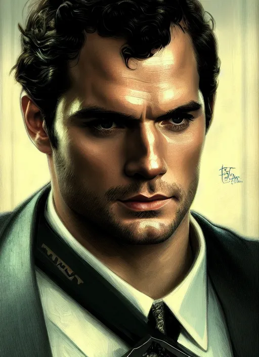 Image similar to portrait of henry cavill as james bond, key art, palm trees, vintage aston martin, highly detailed, digital painting, artstation, concept art, cinematic lighting, sharp focus, illustration, by gaston bussiere alphonse mucha