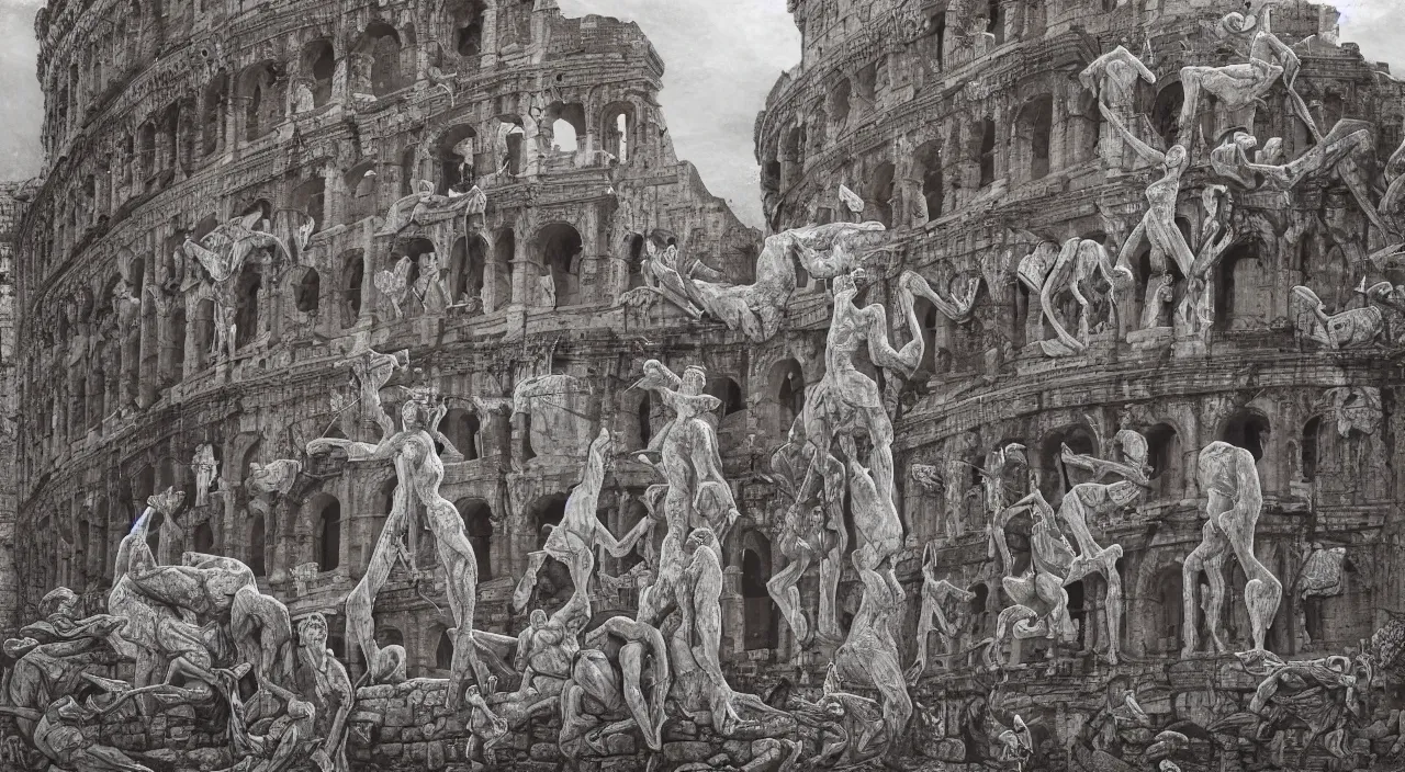 Prompt: 2 5 giant women body sculptures shaping as colums and sculptures a surrealistic building at the kingdom of julius caesar, roman historic works, hyper - detailed, artstation trending, world renowned artists, historic artworks society, antique renewel, good contrast,, cgsociety, by greg rutkowski, by gustave dore, deviantart, 2 4 mm lens, fotorealist, national geographic