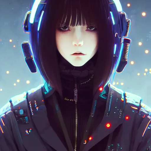 Image similar to by kyoto animation, cool girl wearing cyberpunk intricate streetwear, beautiful, detailed symmetrical close up portrait, intricate complexity, in the style of artgerm and ilya kuvshinov, cell shaded, 4 k, concept art, by wlop, krenz cushart, greg rutkowski, pixiv. cinematic dramatic atmosphere, cinematic lighting, studio quality