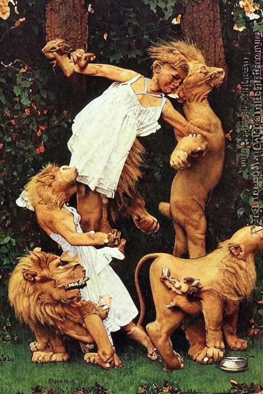 Image similar to sad lions dancing with angels by norman rockwell