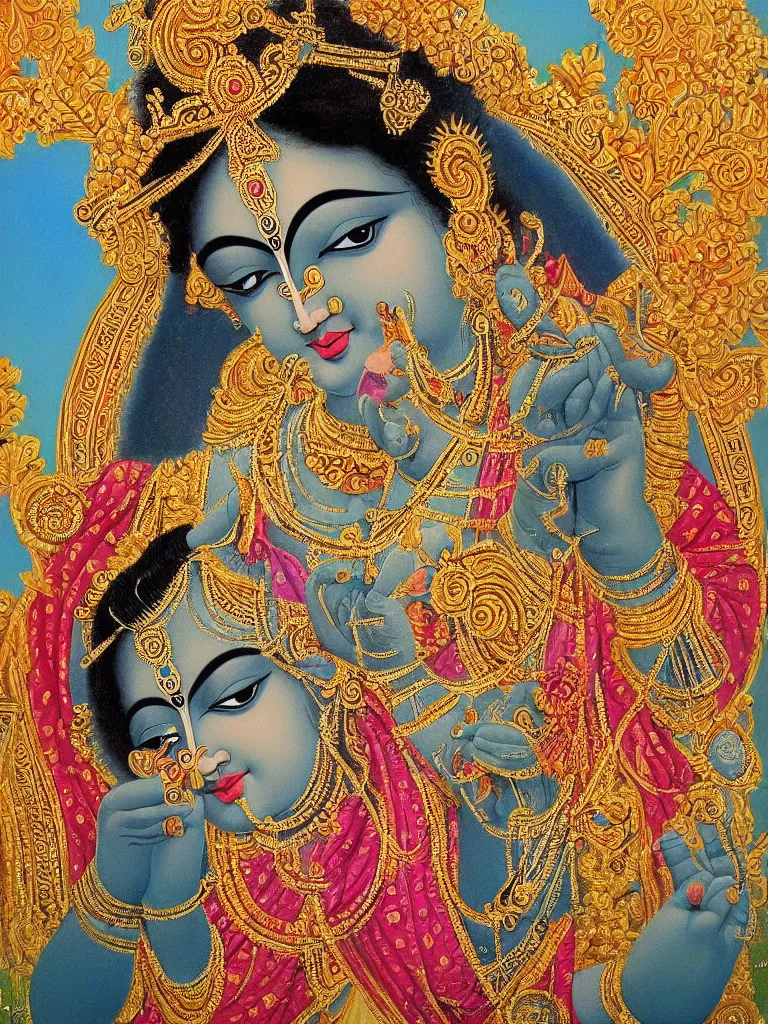 Image similar to a close up portrait of lord krishna, symmetric, beautiful painting, peaceful, calm, relaxing