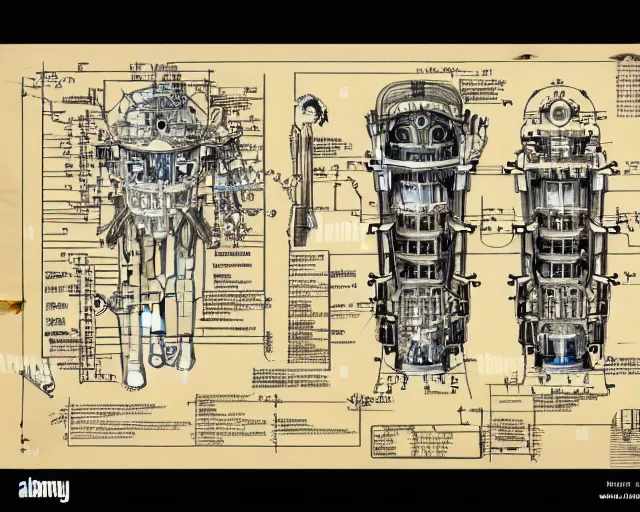 Image similar to a full page of a mechanical blueprint showing a cutaway design for a mechanized woman from howl's moving castle ( 2 0 0 4 ), with a big head, muted colors, post grunge, studio ghibli, hq,