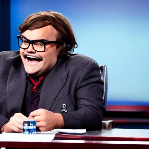 Image similar to jack black dressed as and pretending to be larry king