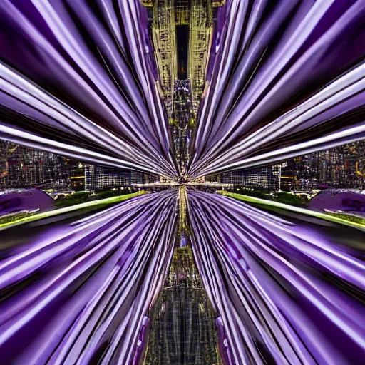 Image similar to Abstract purple images representing connected cities and buildings ,Traffic with light trails, from different perspectives interesting or unusual angles ,Perspective that looks up at buildings from below ,Evening or night cityscapes of buildings and roads from aerial or elevated view ,Evening or night cityscapes captured from human eye level ,Abstract facades of buildings ,Urban city view with unique angles