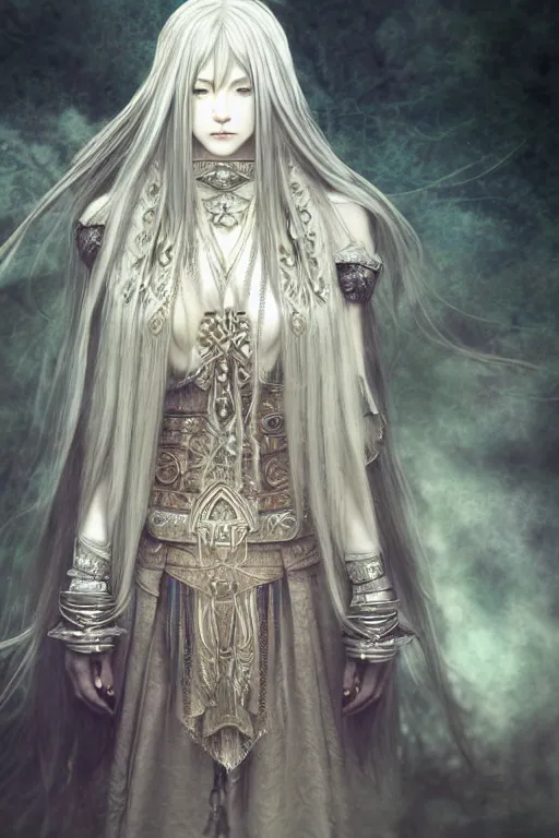 Image similar to A full body portrait of a female priestess with long silver hair by Akihiko Yoshida, fantasy, very detailed, matte, gaussian blur, tone mapping