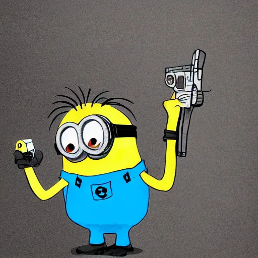 Image similar to a childs drawing of a minion holding a revolver