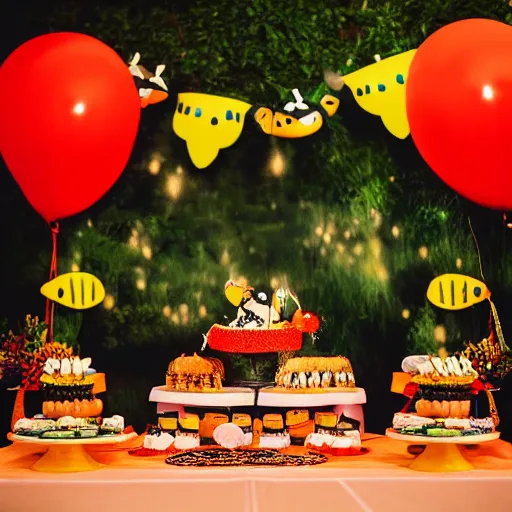 Image similar to photo of caterpillar birthday party in the forest at night