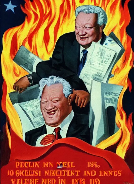 Image similar to yeltsin president in hell, devils and sinners, advertising in the style of american art of the 1 9 5 0 s in color