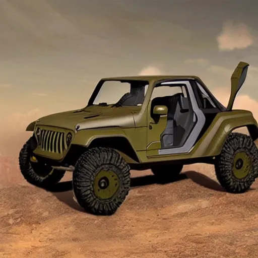 Image similar to concept art jeep inspired by halo warthog.