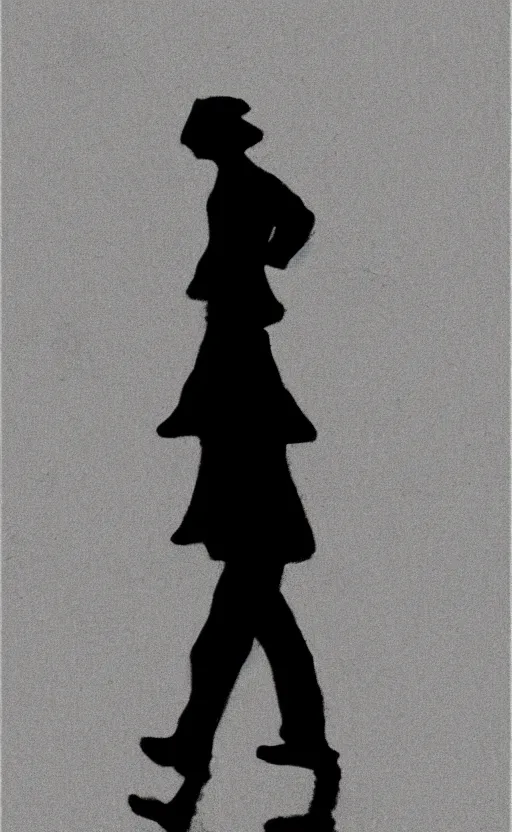 Image similar to symmetry!! black and white silhouette drawing of a single person walking, white background by stanhope forbes, centered