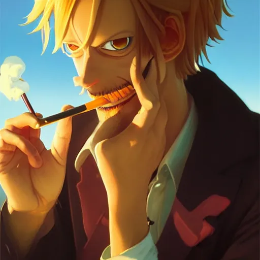 Image similar to highly detailed vfx portrait of sanji smoking a cigarette by eiichiro oda!, greg rutkowski, loish, rhads, beeple, makoto shinkai, tom bagshaw, alphonse mucha, sharp focus, art by artgerm and greg rutkowski, stanley kubrick, backlit, harsh overhead sunlight,