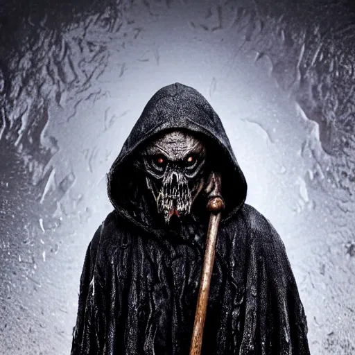 Image similar to photo taken of an epic intricate, ultra detailed, super realistic gritty, wet, slimy, lifelike sculpture of a nightmarish hellish humanoid hooded grim reaper, creature design created by weta workshop, menacing, some zoomed in shots, photorealistic, sharp focus, extremely cold blueish colour temperature, f 0. 4, full body shot