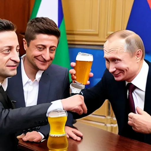 Image similar to Zelensky and Putin drinking beer and having fun