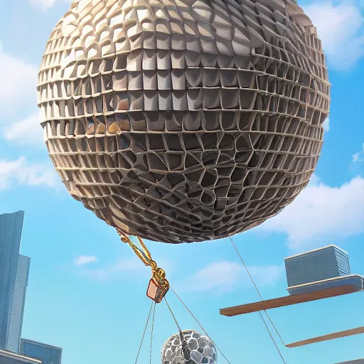 Prompt: an hd photo of the exterior of a floating bedroom being lifted by geodesic spheres tied to it, while floating over a city in the style of syd mead