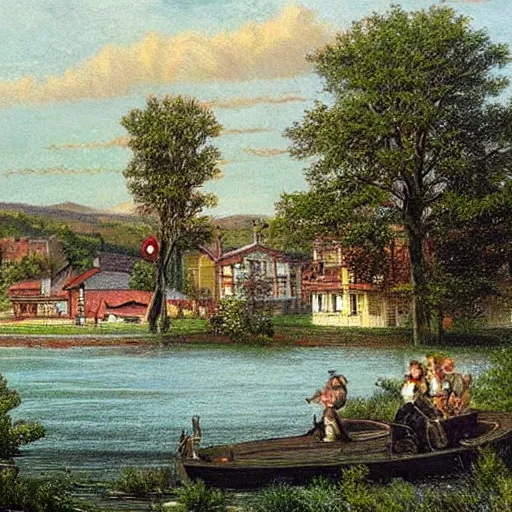 Prompt: realistic Portrait of a victorian town near a lake. Colour, Detailed.