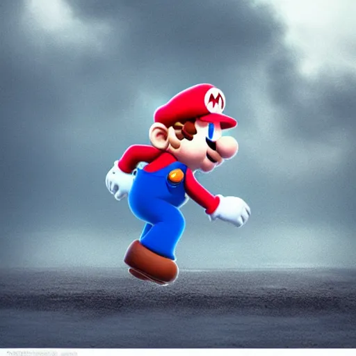 Image similar to depressed Mario in a blue hoodie on the rain, matte painting, realistic, sad, emotional, powerful