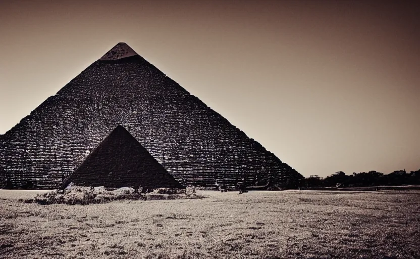 Image similar to ancient black pyramid, wood, sunrise, lomography effect, scrathes, 90s photo, unfocus, monochrome, noise effects filter