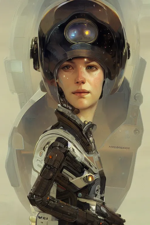 Image similar to A full portrait of a scifi space fighter pilot, intricate, elegant, highly detailed, digital painting, artstation, concept art, smooth, sharp focus, illustration, art by Krenz Cushart and Artem Demura and alphonse mucha