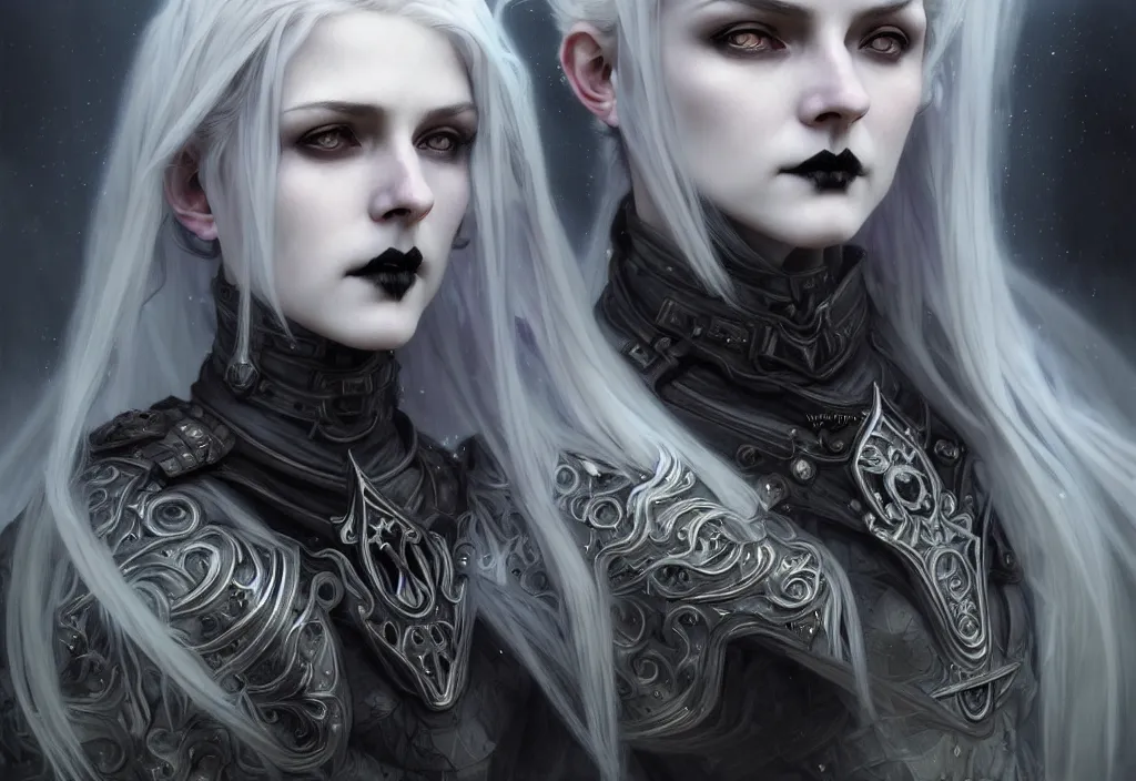 Prompt: beautiful and gothic and evil and dieselpunk young medieval light grey hair female knight portrait + smoky eyes + front face with light flowing hair, ultradetail face, art and illustration by tian zi and craig mullins and wlop and alphonse mucha, fantasy, intricate complexity, human structure, human anatomy, fantasy character concept, watermark, blurry, hyperrealism 8 k