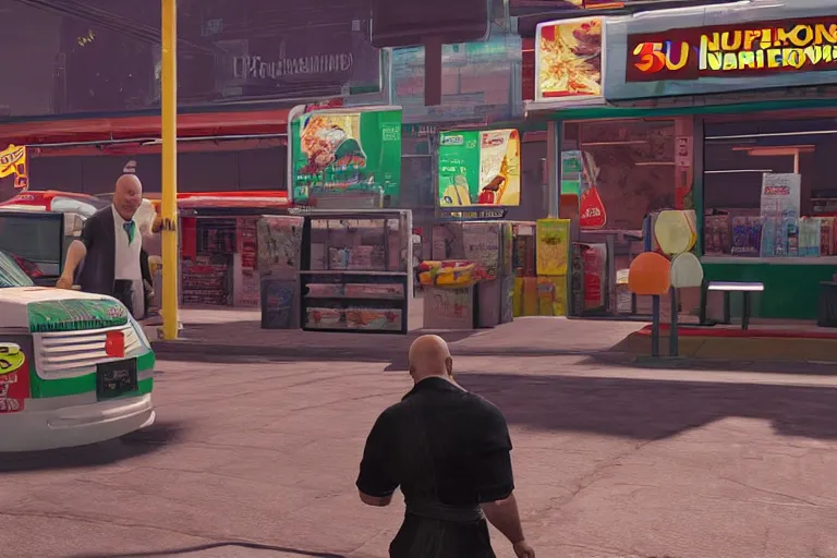 Prompt: agent 4 7 ordering a slurpee at 7 1 1, ps 5 god of war screenshot