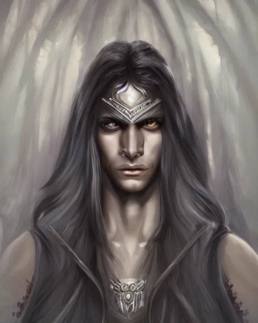 Image similar to portrait of a feminine male dark elf, dark obsidian skin, long hair, fantasy, feminine, elegant, intricate, highly detailed, digital painting, artstation, concept art, sharp focus, illustration