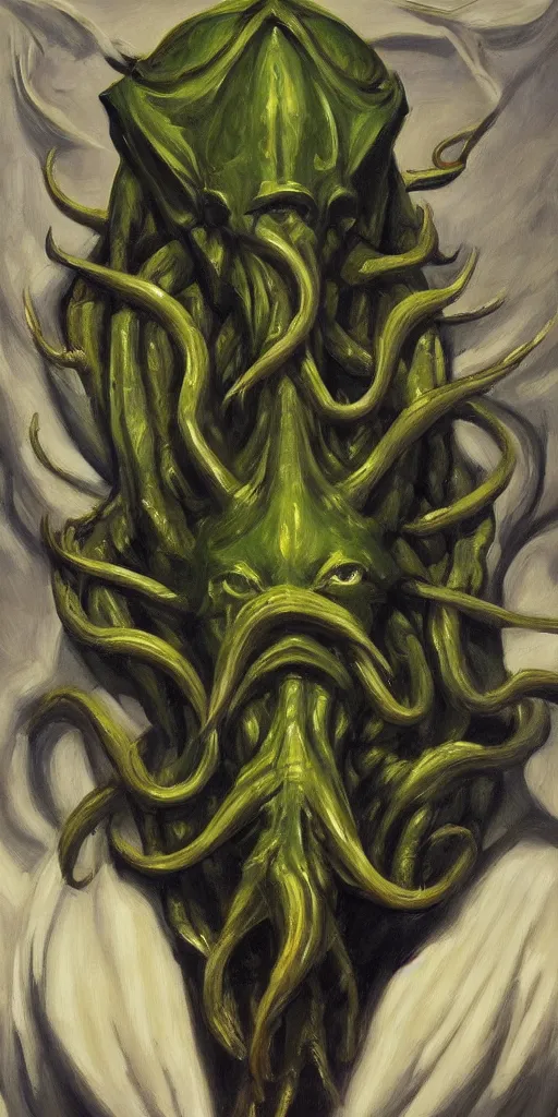 Image similar to a stunning and noble highly detailed portrait of cthulhu by josep tapiro baro and edward hopper, trending on artstation, oil painting masterpiece, symmetry, mysterious, very very very aesthetic