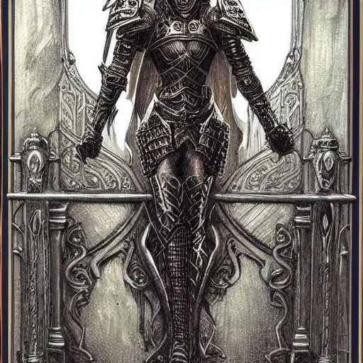 Image similar to gothic knight, intricate etched armor, standing astride a gate, terese nielsen