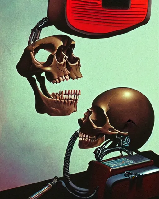 Image similar to a sarcastic skull observing 8 0 s era technology, vintage shapes, retro technology, vintage color, wayne barlow, oil on canvas, deep depth of field, masterpiece, cinematic composition, hyperdetailed