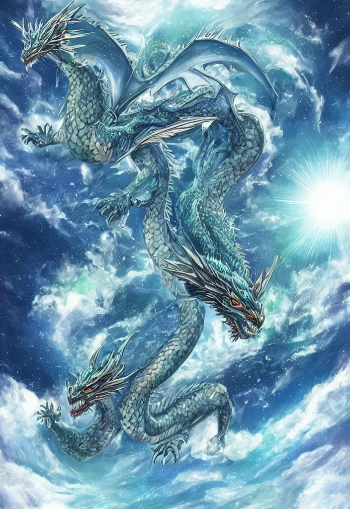 Image similar to hyper-realistic symmetric dragon made of water with wings made of stars in space, holding the earth