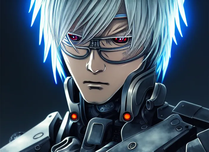 Image similar to a anime portrait of a cyborg raiden, finely detailed features, closeup at the face, sharp focus, perfect art, night - time city background, cinematic lighting, highly detailed, intricate, anime, illustration, artstation, trending on pixiv fanbox, painted by greg rutkowski, studio ghibli, yoji shinkawa, hayao miyazaki,