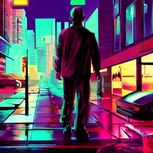 Image similar to walter white in a synthwave cyberpunk city at night, walking on a rainy street, concept art, digital