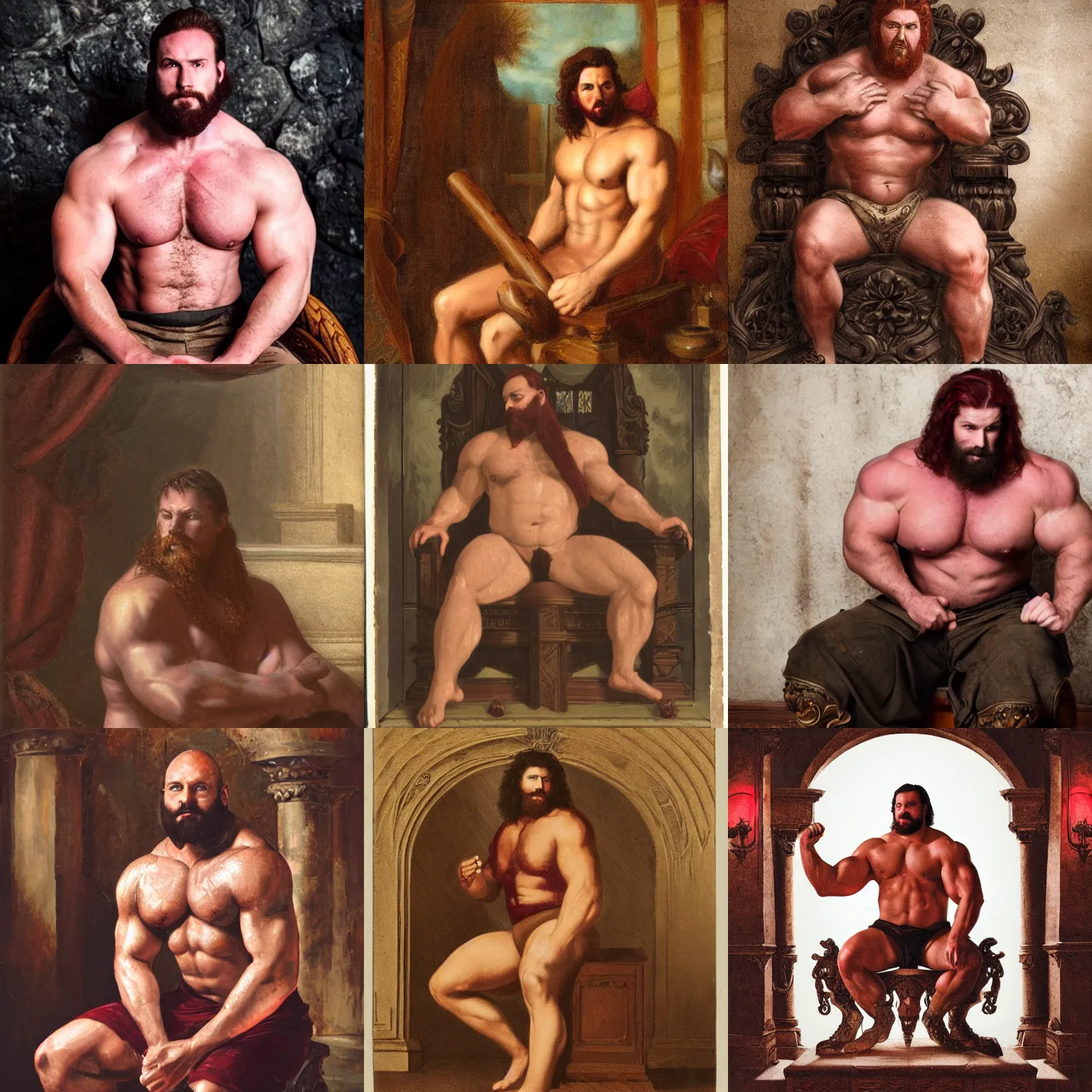 Prompt: burly muscular man with dark red hair sitting in a dimly lit room on an ornate wood and stone throne