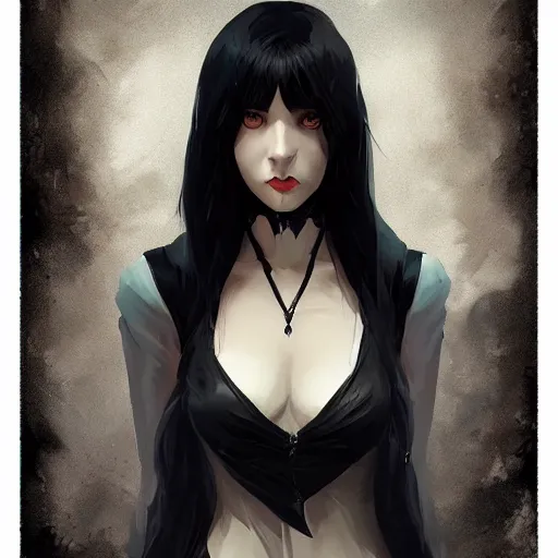 Image similar to female human vampire witch in the style of greg rutkowski, makoto shinkai, trending on artstation, character design, concept art, pretty face, highly detailed, long black hair, portrait, digital art