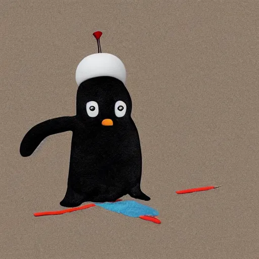 Image similar to Pingu by Otmar Gutmann and Erika Brueggemann, trying to sell gunson the street, digital art