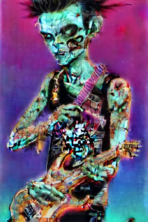 Image similar to risograph of a punk zombie playing guitar, tristan eaton, victo ngai, artgerm, rhads, ross draws, intricated details