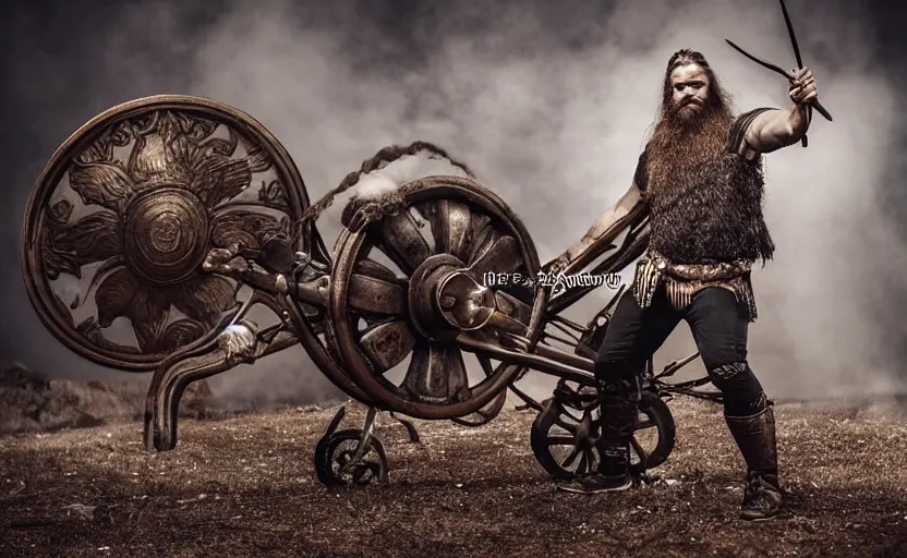 Image similar to old vintage full body photo of ancient viking warrior with full beard riding on the complex steam punk engine with one wheel, extreme sports photography ,super high speed photography, dynamic photography,symmetrical face, clean face, muscular body, high speed,dirt and grawel in air, lens flares, dust partiles in the air, dramatic lighting, intricate, highly detailed, centered, smooth, sharp focus, sports photography, old photo, black and white, sepia, cinematic lighting, cinematic angle, national geographic