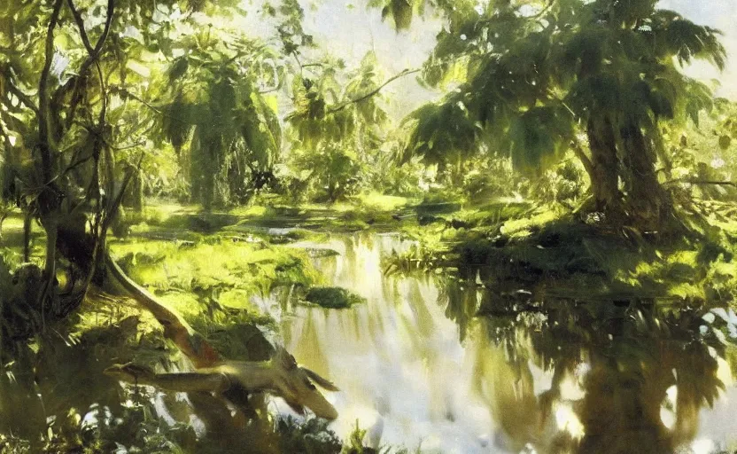 Prompt: oil painting lanscape by anders zorn, jungle nature, fruit trees, very very very very beautiful art, dramatic light, water reflections, crocodile river