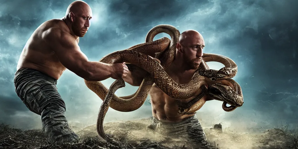 Prompt: The Ryback fighting a snake outdoors, highly detailed, intricate, digital illustration, hyperrealistic, photorealistic, ultra hd, cinematic lighting, award-winning, 4k, beautiful color, high quality, high textured, lens flare