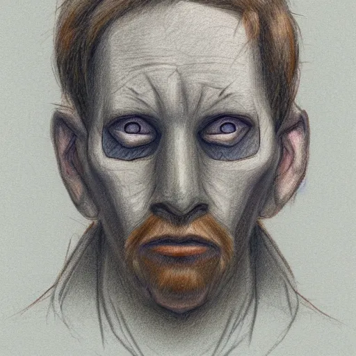 Prompt: colored pencil sketch man with blank eyes, no face, uncanny, unsettling proportions, portrait, man staring, artstation, pencil sketch, shadowy