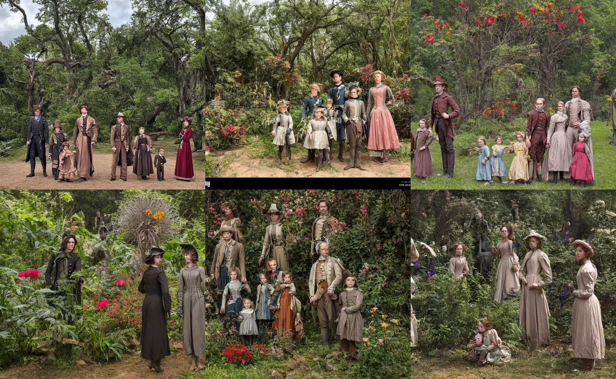 Prompt: sharp, detailed, 36864k film, 175000mm film still from a sci fi blockbuster color movie made in 2019, set in 1860, of a family standing in a park, next to some strange alien plants and flowers, on an alien planet, the family are all wearing 1860s era clothes, good lighting, enhanced faces, 700mm f/1.4L lens