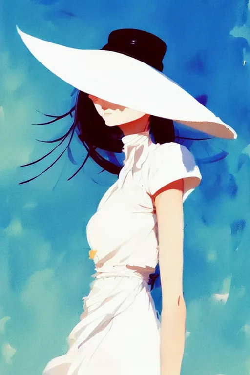 Prompt: a ultradetailed beautiful painting of a stylish woman wearing a white dress with a sun hat, by conrad roset, greg rutkowski and makoto shinkai trending on artstation