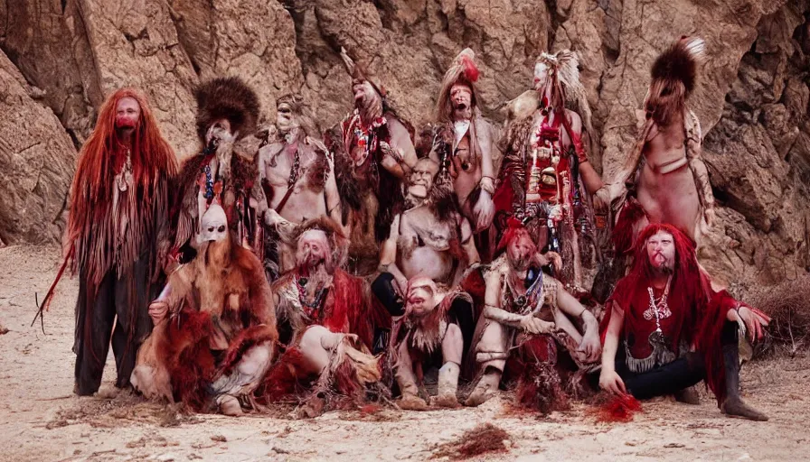 Prompt: high realistic photo portrait of esoteric tribes members with taxidermic flesh bloody jaw and elaborate red clothes in the desert, eastmancolor, heavy grain, high quality,